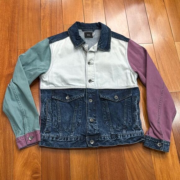 NWOT Urban Outfitters BDG Mens Color Block Denim Trucker Jacket Multicolor Sz M - Picture 2 of 12